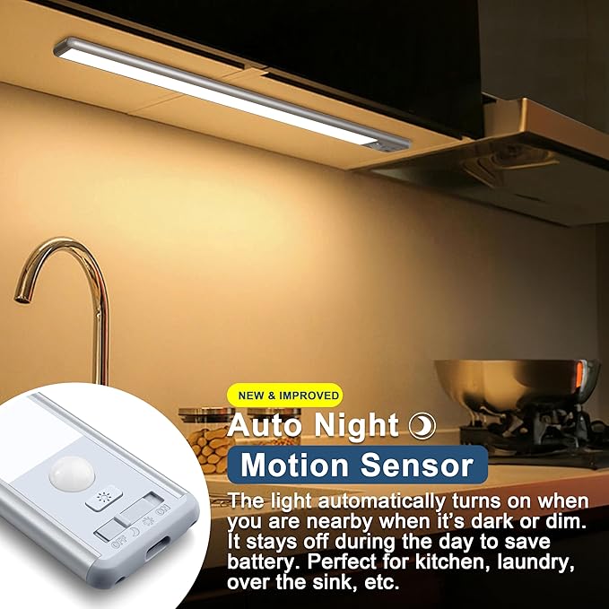 63 LED Closet Lights Motion Sensored, 2500mAh Rechargeable Under Cabinet Lighting, Dimmable & Magnetic Light Bar for Kitchen Cabinets, Hallways (2 Pack)