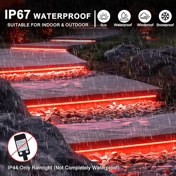 OMIKA Red 33FT COB LED Strip Lights Outdoor Waterproof, 3200 LED Plug in Strip Light PVC Casing Tape Light Flexible with Self-Adhesive Timer Dimmable for House Garden Camping DIY