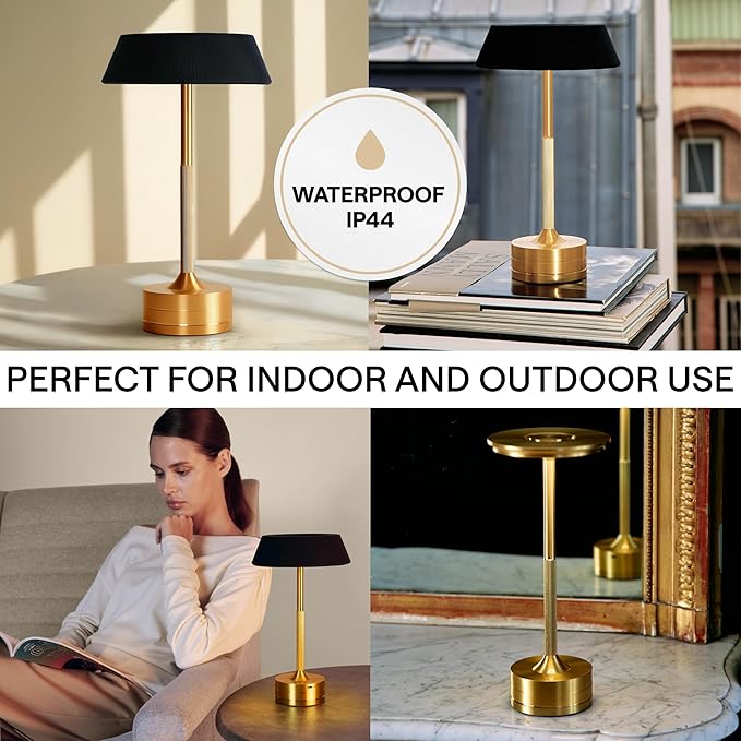 LED Cordless Table Lamp - Rechargeable Light for Home, Bedside, Kitchen - Small Dimmable Tap Lights - Battery Powered Touch Lamp for Desk Wireless - Black and Gold Lamp Shades, IP44, USB Type C Cable