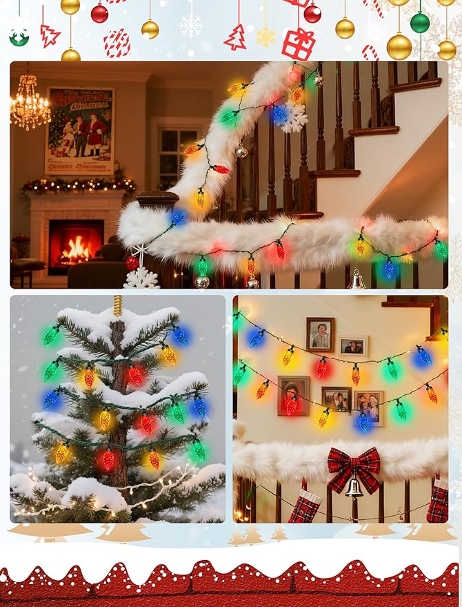 C9 LED Multicolor Christmas Lights Outdoor, 26FT Hanging Christmas Decorations Lights with 50 Diamond C9 Colorful Bulbs, Connectable Patio Light Waterproof for Tree Patio Roofline Holiday Party
