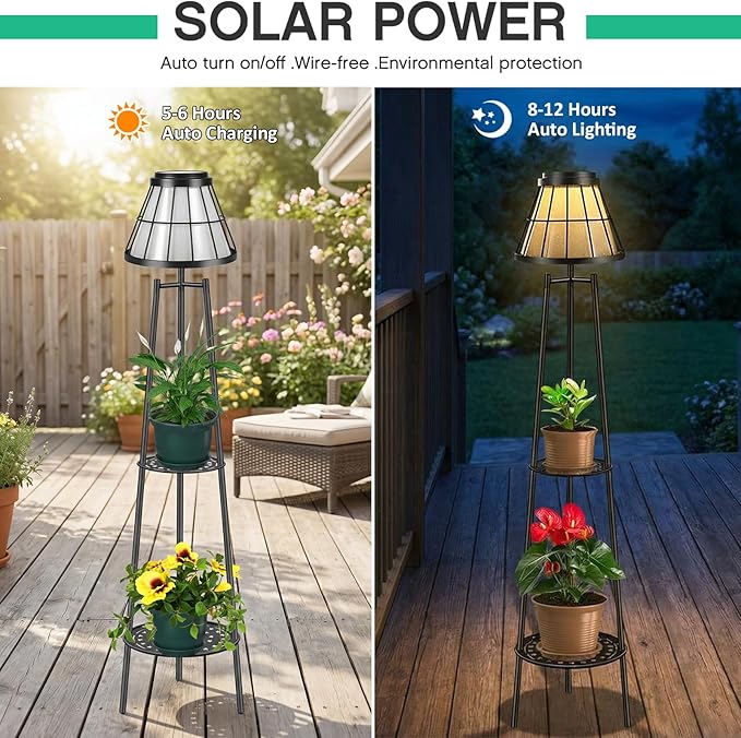 2 Pack Solar Lights with Plant Stands, 45.4'' Waterproof Outdoor Metal Solar Floor Lamps for Patio Deck Yard Pathway Porch Garden