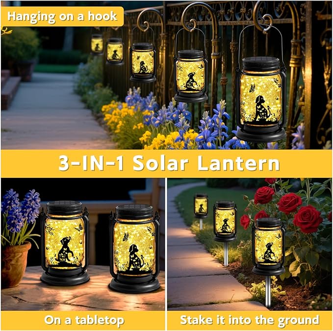 2 Pack Dog Solar Lanterns 3-IN-1 Outdoor Waterproof - Birthday Gifts for Dog Lovers Women Mom Christmas, Mason Jar Hanging Lanterns with Stake, Garden Decor Lights for Patio Yard Balcony Decorations