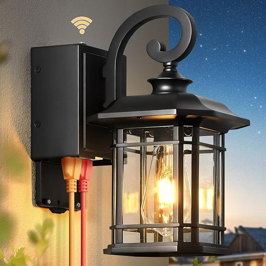 Black Dusk to Dawn Porch Light with GFCI Outlet, Anti-Rust Exterior Lights for House, Waterproof Outdoor Light Fixture with Outlet, Front Porch Light for Doorway, Yard, Patio, 100% Aluminum