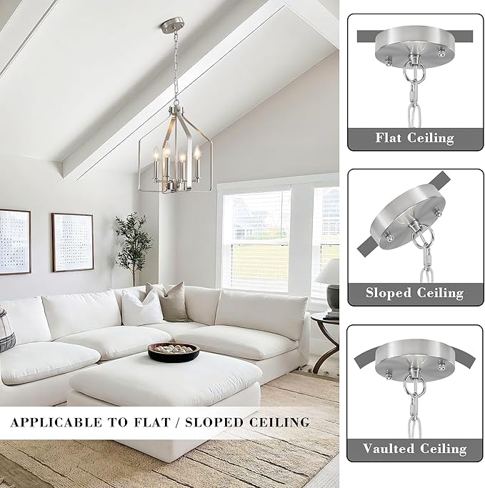 4-Light Brushed Nickel Chandelier, Geometric Farmhouse Cage Pendant Light, Adjustable Industrial Rustic Fixture for Dining Room, Kitchen Island, Entryway & Bedroom