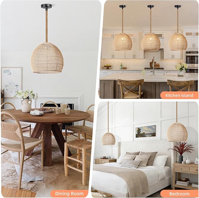 Arturesthome Natural Rattan Pendant Light for Kitchen Island, Woven Lamp Shade Chandelier, Hanging Ceiling Light, Handmade Lampshade Rope Lamp D15.7in*13.7in