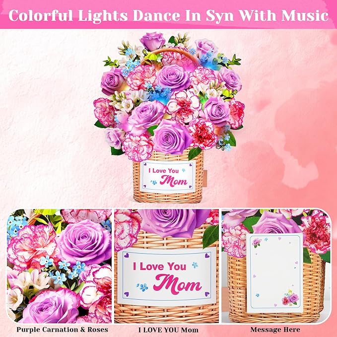 Mothers Day Card With Music & Lights, 3D Pop Up Mothers Day Gifts, Carnation & Rose, 10 Inch Life Sized Forever Flower Bouquet Birthday Card for Mom Wife Women Her