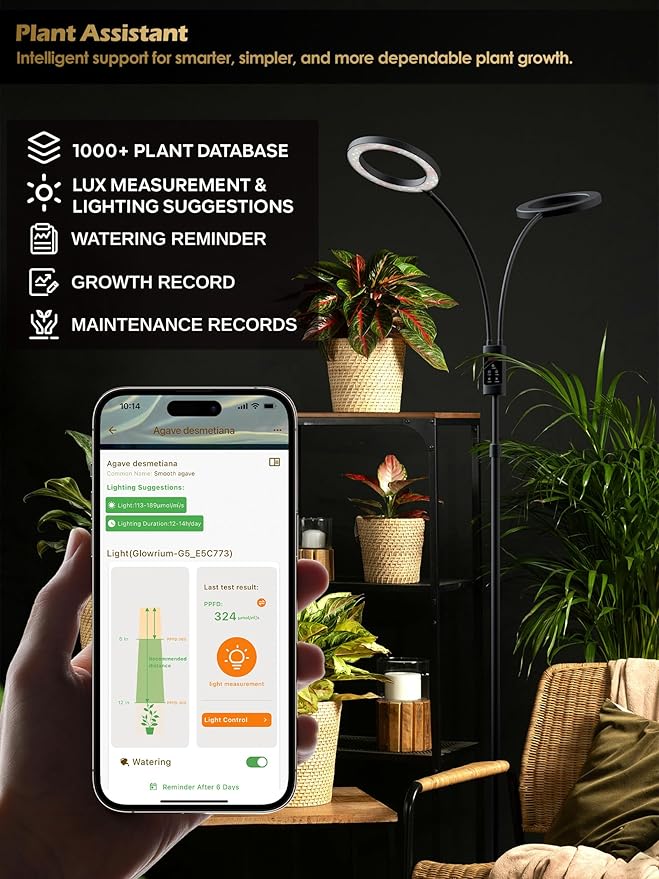Smart Grow Lights for Indoor Plants, Plant Light with Auto-Timer, Full Spectrum LED Grow Light, Adjustable Height & Stepless Dimming,Plant Assistant Suitable for Most Plants (Black, 48W)