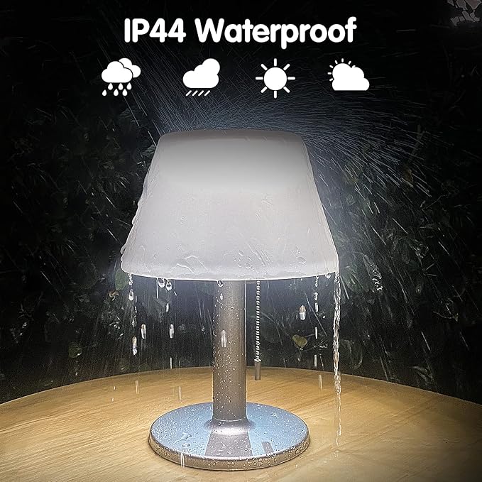 shumi Solar Table Lamp Outdoor Indoor - 3 Lighting Modes, Eye-Caring LED Waterproof Cordless Solar Desk Lamp with Pull Chain for Outside Patio Garden Bedroom Living Room(White Modern Decor)