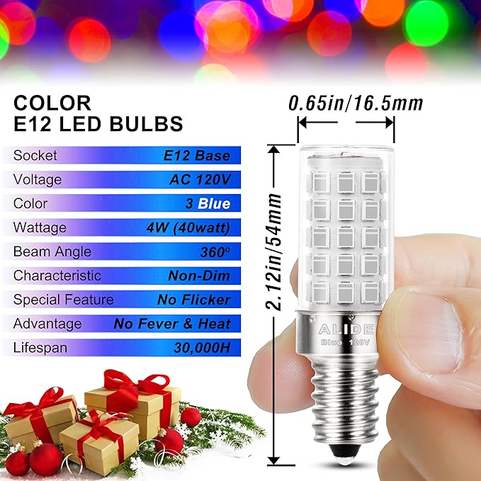 Blue E12 C7 T6 LED Nightlight Bulb,4W, 40Watt Equivalent, E12 Small Candelabra Base Blue LED Chandelier Bulb for Porch Ceiling Police Honor Christmas Holiday Festival Party Decoration Lighting ,3Pack