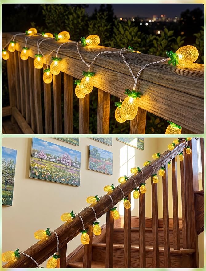 8.5Ft Pineapple String Lights, Hawaiian Beach Themed Party Lights with 10LED Warm White Waterproof Pineapple Fairy Lights, Tropical Decoration for Indoor Outdoor Party Bedroom Wedding Birthday Pool