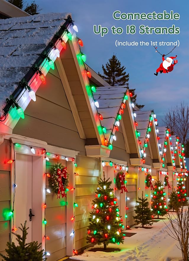 C9 LED Christmas Lights Outdoor, 99 Feet 150 LED C9 String Light with 150 Spring Clips, Waterproof Connectable Christmas Tree Lights for Outside Roofline Patio Home Xmas Decor, Red Green Pure White