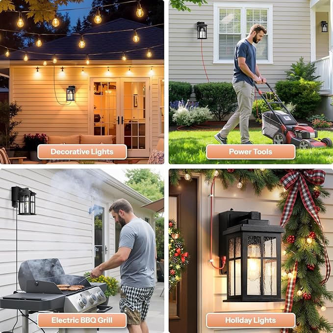 Gleamz Outdoor Porch Light with Outlet GFCI, Modern Black Exterior Lighting Fixtures Wall Mount for House Garage Coach, Waterproof Dusk to Dawn Outdoor Wall Lanterns Sconce, Outside Light with Outlet