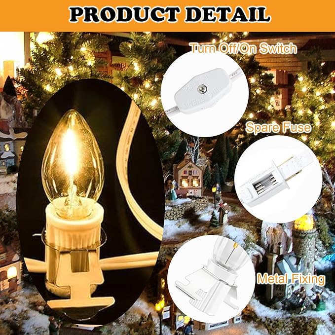 Accessory Cord with 4 LED Bulb and Female Plug,C7 Christmas Village String Light 7.8FT White Cord with Spare Fuse for Halloween Pumpkins Christmas Village Houses and Craft Decoration(2PCS)