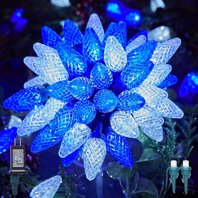 C9 LED Christmas Lights Outdoor, 81 Feet 100 LED String Lights with Timer & 8 Light Mode, Waterproof Commercial Grade Christmas Tree Lights for Outside Indoor Roofline Patio Decor, Blue & Pure White