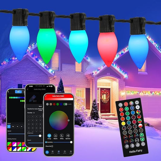 C9 Christmas Lights Outdoor, 82FT 100 LED RGB Color Smooth Changing Bulbs,App Bluetooth Music Sync, DIY Scenes & Timers, IP44 Waterproof Roofline Eaves Porch Fence Decorations