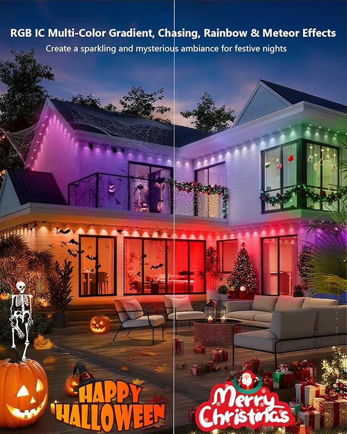 Permanent Outdoor Lights Pro,300ft RGB+IC Smart Outdoor Decor,App/Remote,Christmas,Halloween,Multi Scene Modes,IP67 Waterproof,Eaves Light with Daily & Holiday Party Decor,House Roof Lighting