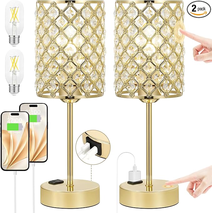 Touch Control Crystal Table Lamp-Dimmable Nightstand Lamp with USB-C+A & AC Charging Ports, 3-Way USB Gold Lamp, Bedside Desk Light for Bedroom Living Room Home Office(Bulb Included & Set of 2)