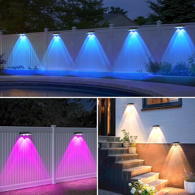 Solar Lights Outdoor 16-Pack, Waterproof Fence Lights Solar Powered with Warm White & 6 RGB Colors & 2 Lighting Modes for Backyard, Deck, Step, Stairs, Balcony, Yard, Patio, Walkway, Pathway