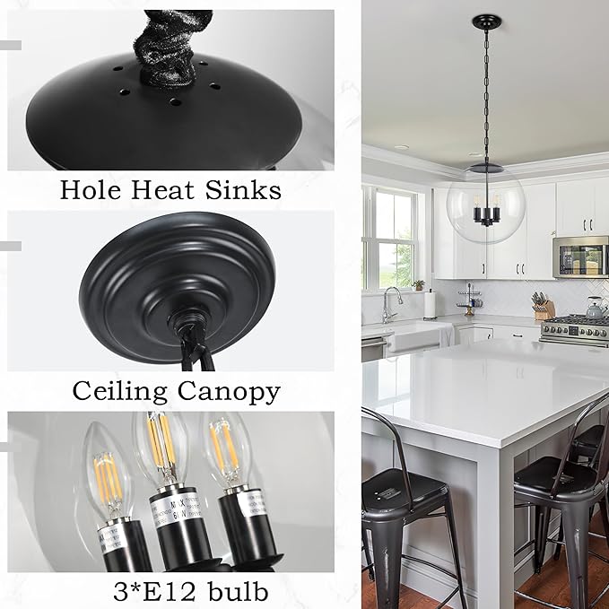 KoKo&Yukina 13.7" Black Globe Pendant Light Mid Century Pendant Light Clear Glass Pendant Lights Kitchen Island Adjustable Hanging Light Fixture for Dining Room Bedroom Kitchen Island