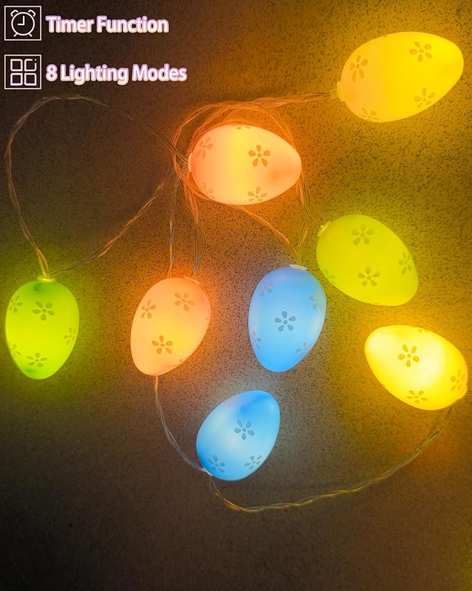 Easter String Lights Battery Operated 7Ft 10 LED Colorful Egg Shape Lights with Timer, 8 Lighting Modes Pastel Easter Light for Indoor Outdoor Tree Mantels Garden Home Spring Themed Party Decor