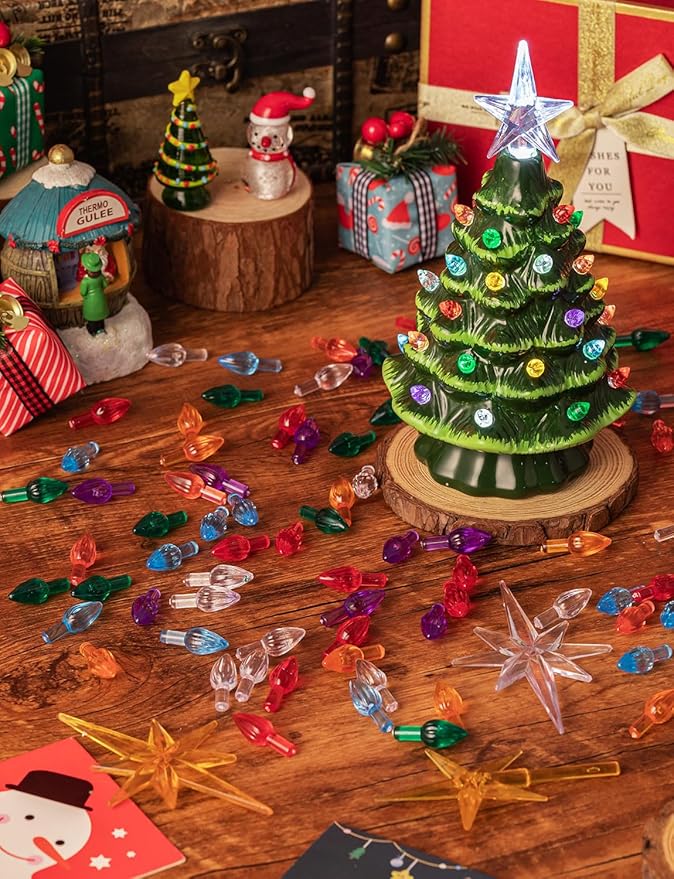 260Pcs Ceramic Christmas Tree Replacement Lights, Multicolor Ceramic Tree Twist Light UO rnaments(255 Plastic Bulbs+4 Topper Star+1 Angel)