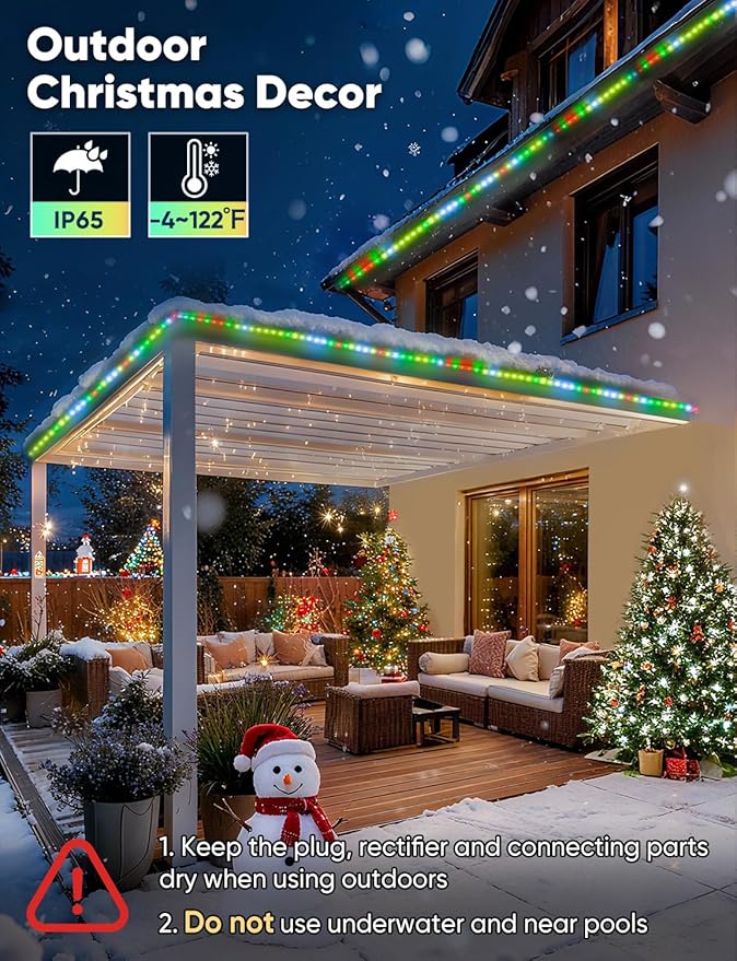 131FT Outdoor LED Strip Lights RGB+IC with Warm&Cool White, ETL Listed Music Sync Light Strip AC 120V, IP65 Waterproof and Connectable, for Party Festival Eave Porch Patio Every Day Decor