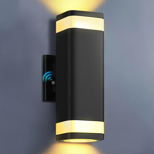 RAYVO Dusk to Dawn Outdoor Wall Light, Modern Up and Down Outdoor Light Fixture with Sensor, Waterproof Aluminum Wall Sconce for Porch Garage Patio, LED Bulbs Included, Black Finish