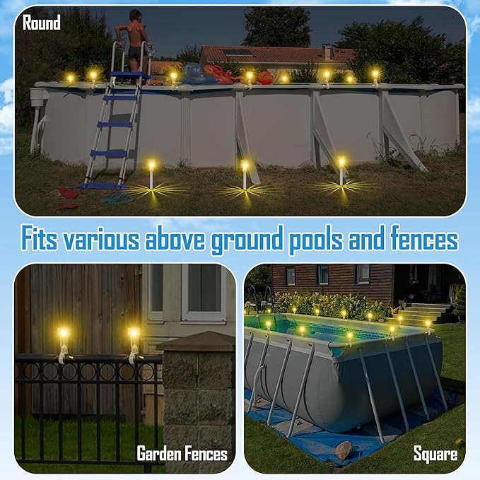 16 Pack Gray Solar Pool Lights for Above Ground Pools LED Solar Lights Warm Yellow Light Waterproof Above Ground Pool Light for Frame Pools Decoration Swimming Pools Night Accessories