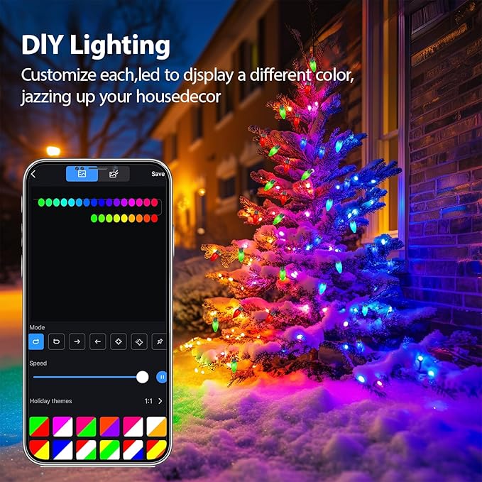 C9 Christmas Lights Outdoor, 82FT 100 LED RGB Color Smooth Changing Bulbs,App Bluetooth Music Sync, DIY Scenes & Timers, IP44 Waterproof Roofline Eaves Porch Fence Decorations