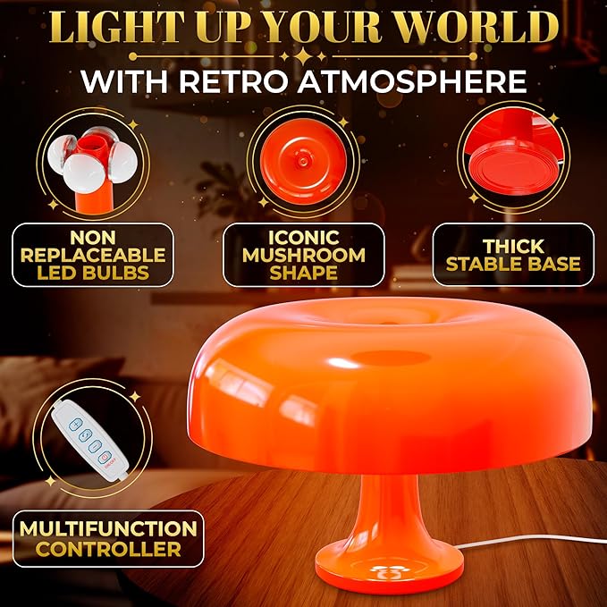Orange Mushroom Lamp for Bedroom – Aesthetic Vintage Mushroom Lamps with 3 Lighting Colors & 10 Brightness – USB Powered Nightstand Retro Lamp for Reading Room, Office, Dorm | ABS + PVC Build