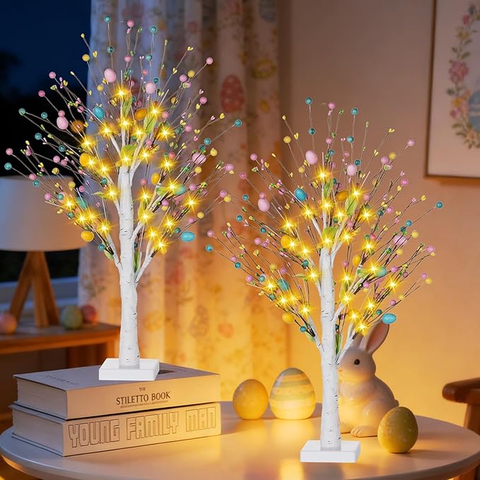 Easter Decorations 2 Pcs 25inch Lighted Easter Tree with Timer&Battery Operated,Pre-Lit Easter Egg Tree Tabletop Decor with LED Lights,Eggs,Artificial Birch Trees for Home Party Mantel Indoor Spring