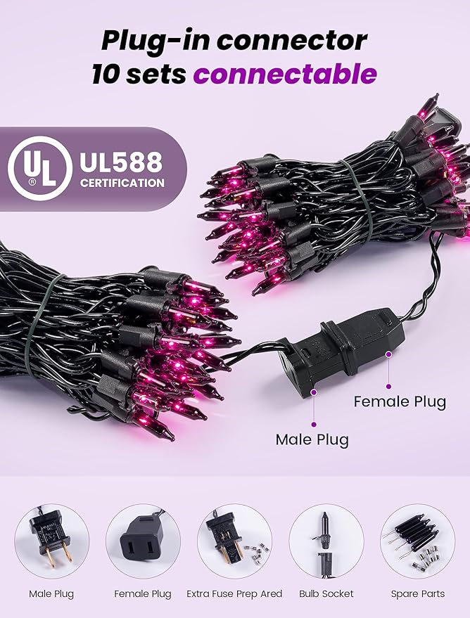 Hopolon Purple Halloween Lights,2PACK 13ft 50Count Halloween Decorations Mini Purple String Lights with Black Wire Waterproof UL Certified for Indoor Outdoor Christmas Tree Home Party Garden Holiday