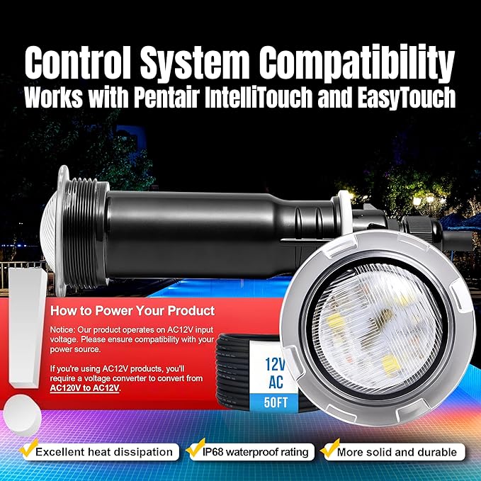Pool Lights for Inground Pool, Direct Replacement for Pentair GloBrite, 1.5 Inch LED Color Inground Pool & Spa Light, IP68 Waterproof, AC12V, 50 ft Cord