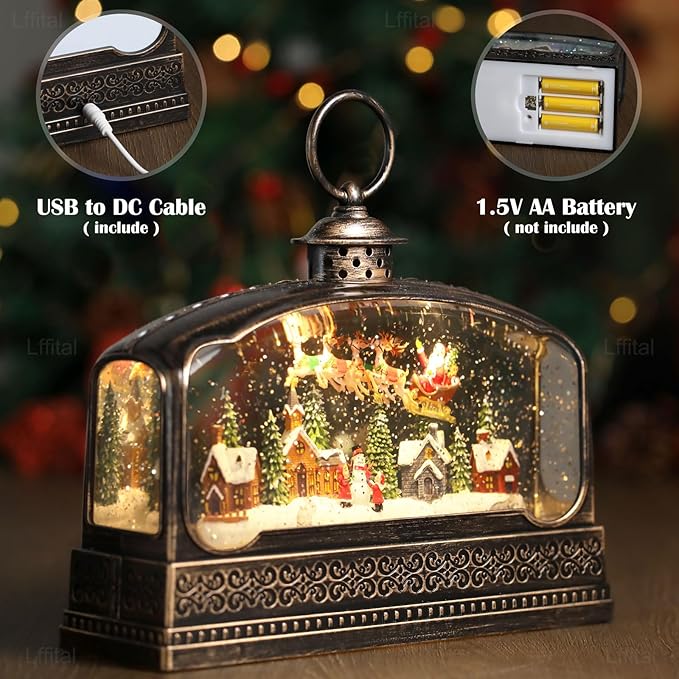 Christmas Snow Globes Village Snow Globe Lantern, Lighted Christmas Decorations Indoor for Home with Music Timer Glitter, Santa Claus Scene Musical Festival Gifts, USB & Battery Operated