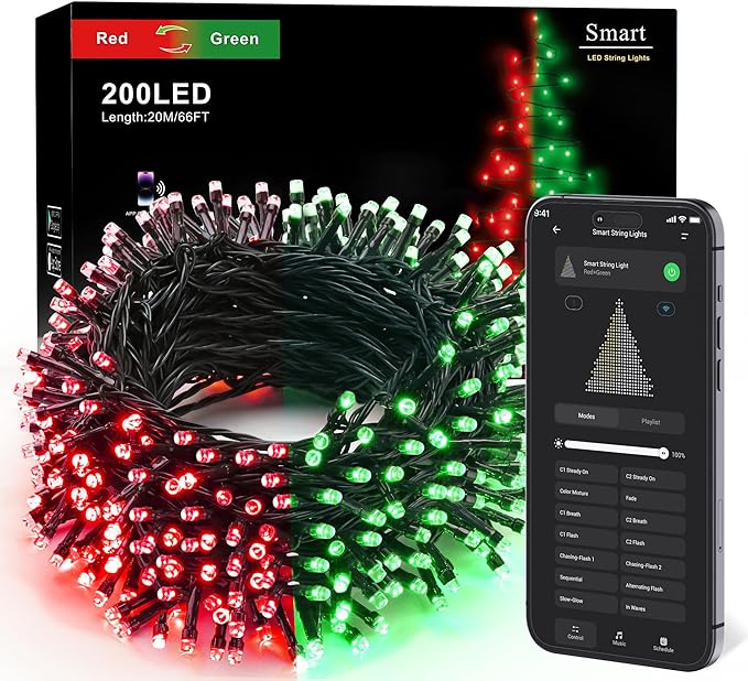 Brizled Smart Red Valentine String Lights/Green St. Patrick's Day Lights, 66FT 200 LED Color Changing Christmas Tree Lights WiFi App & Voice Control, Dimmable Music Sync for Indoor Outdoor Xmas Party