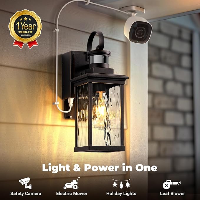 Outdoor House Lights Wall Mount with GFCI Outlet, Oil-Rubbed Bronze with Gold Trim Farmhouse Exterior Lighting Fixtures for Porch, Garage, 100% Aluminum Anti-Rust Front Door Light Motion Sensor
