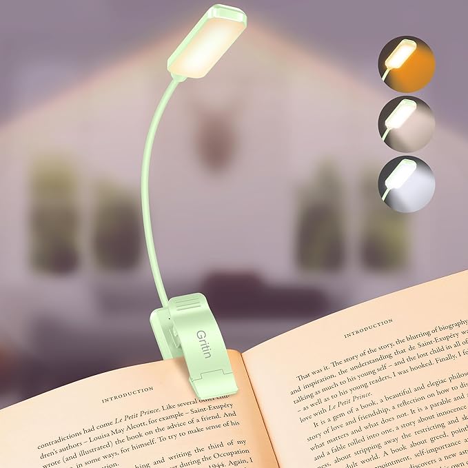 Gritin 9 LED Rechargeable Book Light for Reading in Bed - Eye Caring 3 Color Temperatures,Stepless Dimming Brightness,80 Hrs Runtime Small Lightweight Clip On Book Reading Light -Cyan