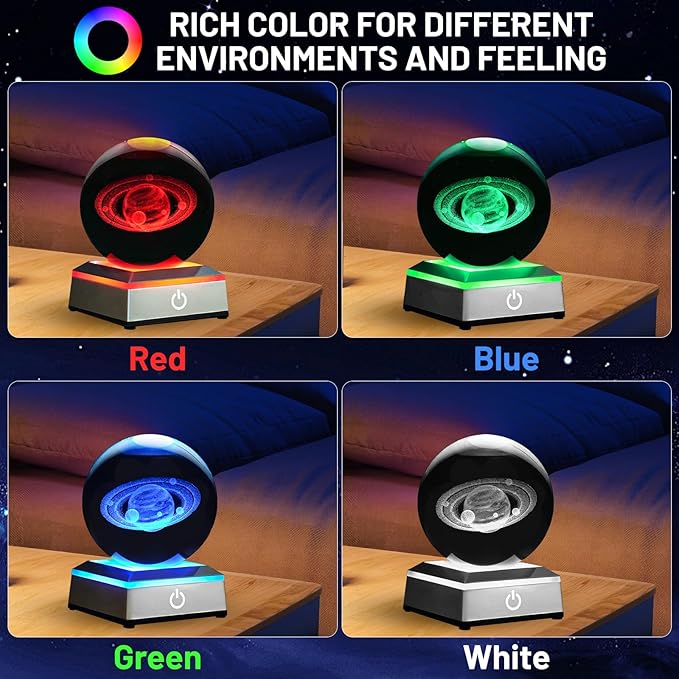 3D Saturn Crystal Ball Night Light with LED Colorful Lighting Touch Base 3.15 In Galaxy Planets Glass Ball Lamp Paperweight Saturn Astronomy Gift Decor for Boys Girls Kids Birthday Christmas