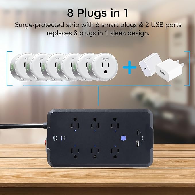 Geeni Smart Plug Power Strip, 6 Outlets and 2 USB Ports, 6 ft. Cord, Surge Protector with Voice Control, WiFi Control, Compatible with Alexa & Google Home, No Hub Required, Black