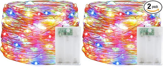 YAOZHOU Christmas Decorations Multicolor Fairy String Lights, Battery Operated with Timer, 2 Pack Total 33FT 100 Led Mini Battery Powered Mason Jar Waterproof Firefly Lights DIY Party