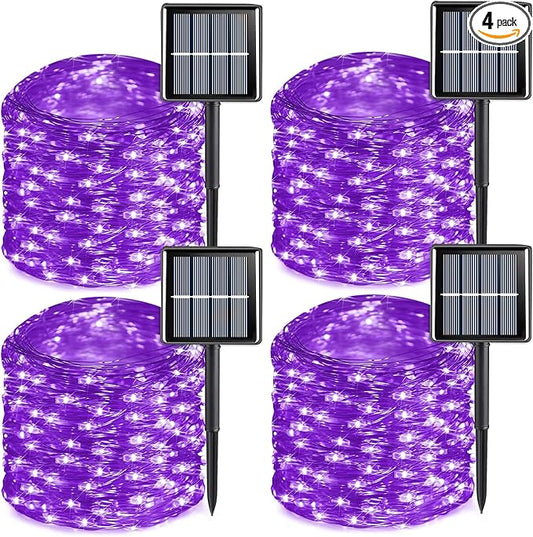 QITONG 4 Pack Purple Solar Christmas Lights, Each 33ft 100 LED Christmas Fairy Lights Outdoor Waterproof, 8 Modes Copper Wire Mini String Lights