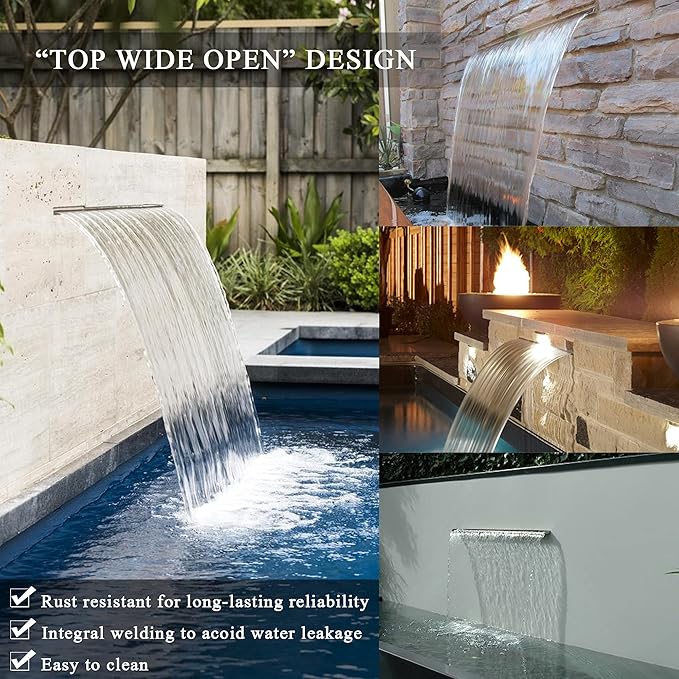 YUDA 12" LED Pool Water Spillway W/ 7 Color Changing LED Strip, Stainless Steel Pond Fountain Lighting for Sheer Descent PSC300