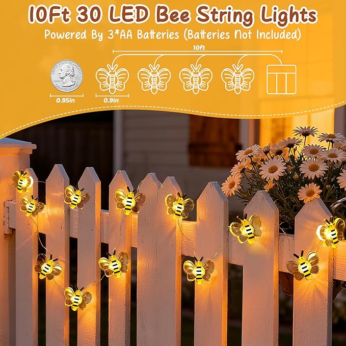 Coquimbo Bee String Lights Room Decor,10ft 30 LED Cute Honeybee Fairy Lights Battery Operated, Birthday Gifts for Women Teen Girls Boys Kids, Bee Decorations for Bedroom Dorm Classroom Wedding