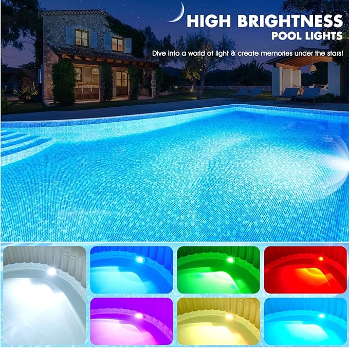 Rechargeable Submersible Pool Lights with Remote, 5000mAh Underwater Led Pool Light for Above Ground Pool Lights Waterproof, 9 Modes Color Changing Magnetic Swimming Inground Pool Lights-1PC