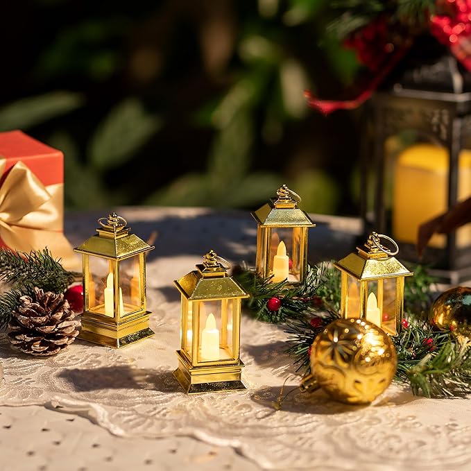 Gold Lanterns Decorative Indoor: 24 Pcs Mini Lanterns for Wedding Table Centerpieces Small Battery Powered LED Lights Bulk for Party Christmas Decor