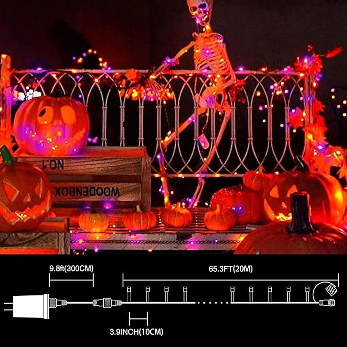 LAMPHOME 66ft Halloween Decorative Mini Lights, 200 LED Green Wire Fairy Starry String Lights Plug in, 12 Lighting Modes, for Halloween Decoration Outdoor Party Decoration (Orange and Purple)