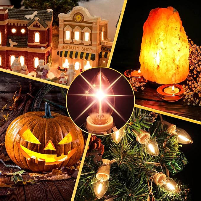 Leelosp 1 Pack Accessory Cord with 6 LED Light Bulb and Female Plug, 13.12ft C7 Lamp Village Cord with Fuse Wire, UL-588 Blow Mold Light for Halloween Pumpkin Christmas Village House Craft Decor