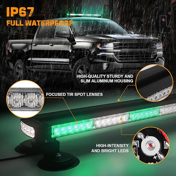 XRIDONSEN 37 Inch 104 LED Roof Top Green White Emergency Lights Magnetic Traffic Advisor Strobe Light Bar Double Side Warning Flashing Safety Lights for Firefighter Vehicles POV Fire Trucks Pickup