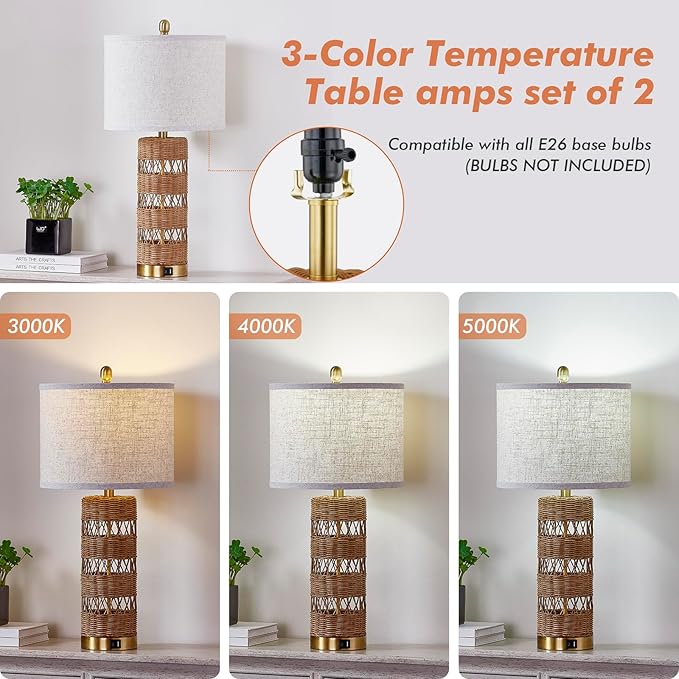 Boho Rattan Stylish & Functional & Versatile Decor USB Table Lamps Set of 2-28" Farmhouse Bedside Lights,Bulbs Included