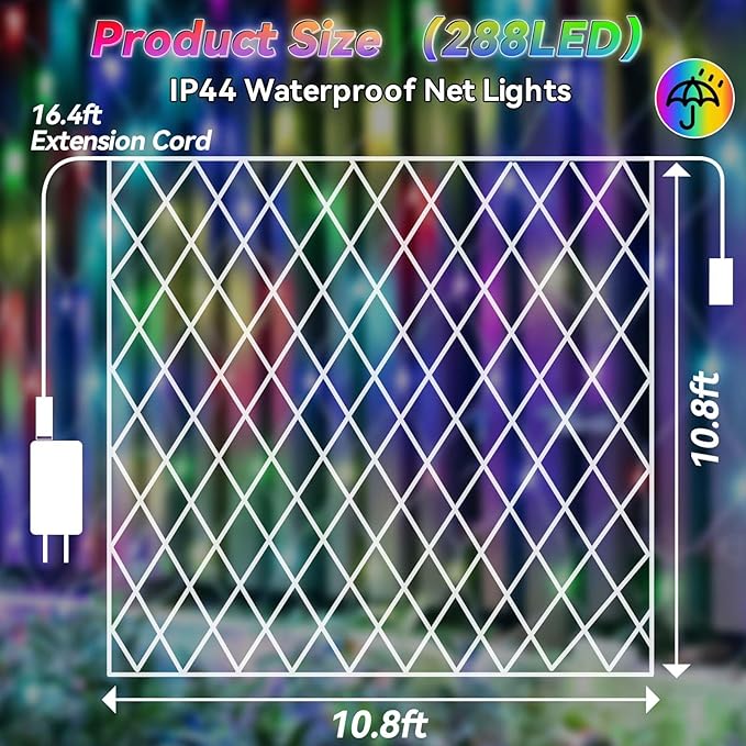 LitHome 10.5 x 10.5FT Christmas Net Lights Outdoor, 35 Colors Changing 288 LED Christmas Net Lights with Remote Connectable, 9 Modes RGB Mesh Light Plug in for Bushes, Garden, Gazebo, Holiday Decor